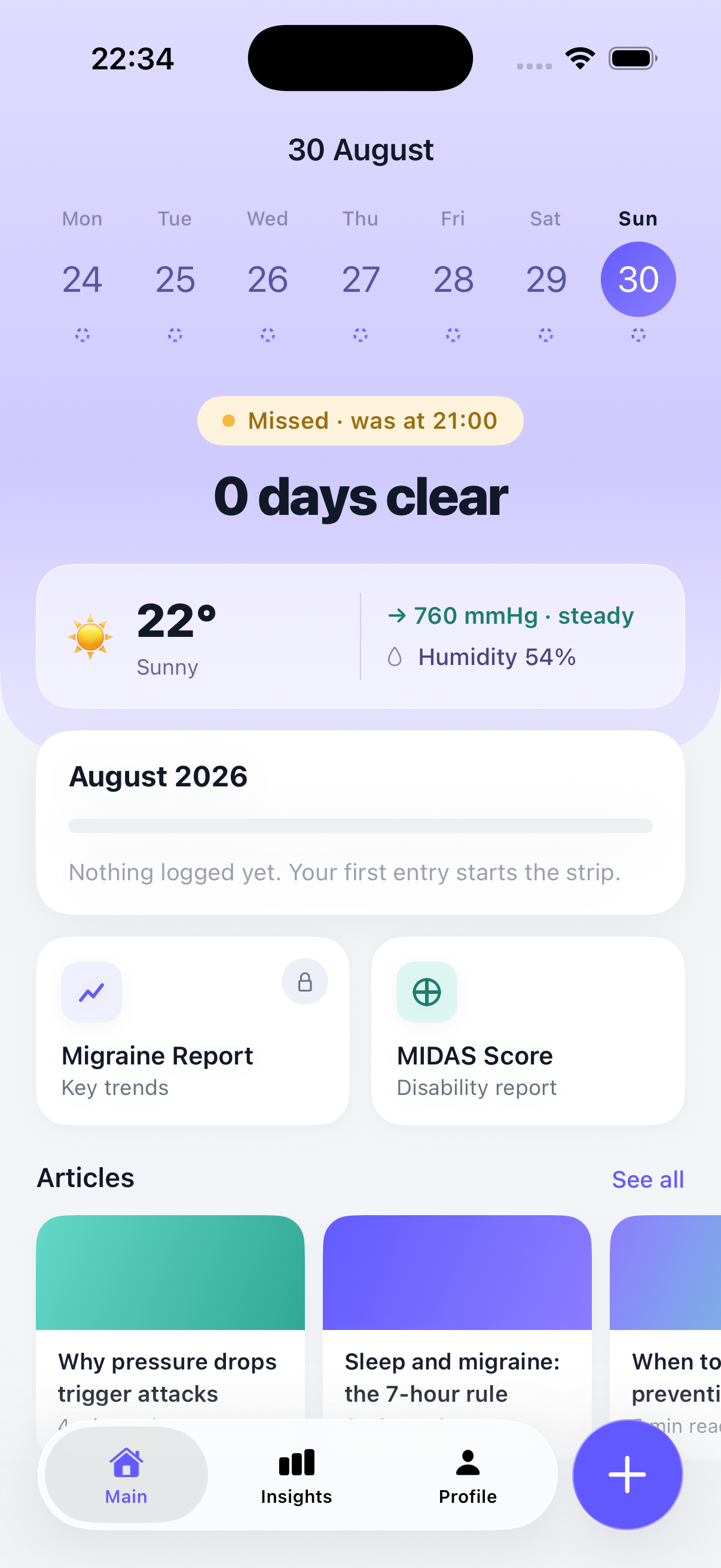 Migora app — diary home screen